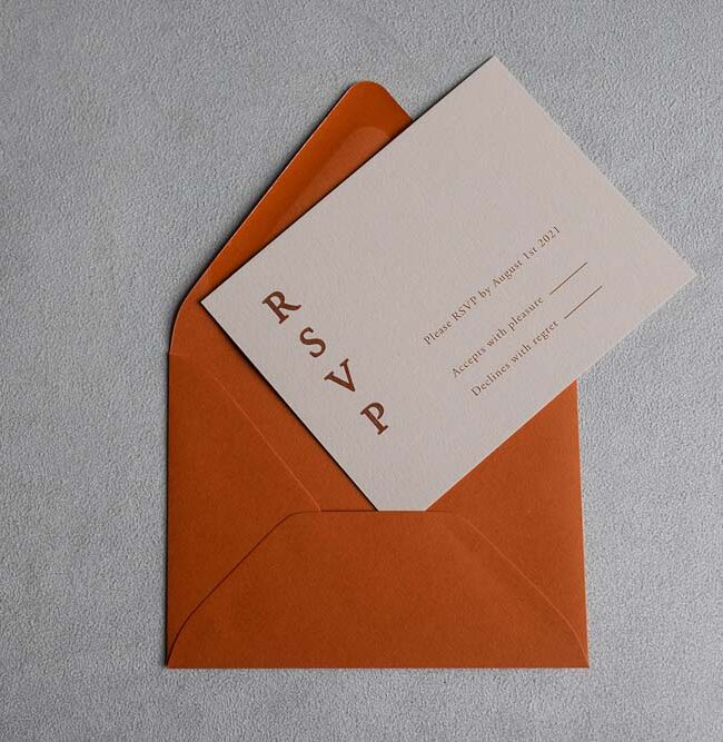 Swiftly Scripted - Wedding Invitation and Stationery Designer in Southern Ontario - Brittany Groux - Captured by Kirsten - RSVP card with bright orange envelope