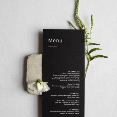 Swiftly Scripted - Wedding Invitation and Stationery Designer in Southern Ontario - Brittany Groux - Captured by Kirsten - Emerald Isle black menu with white ink printing