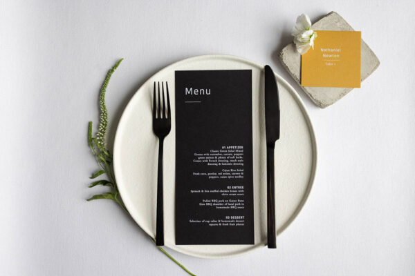 Swiftly Scripted - Wedding Invitation and Stationery Designer in Southern Ontario - Brittany Groux - Captured by Kirsten - Semi-Custom Black menu on modern plate