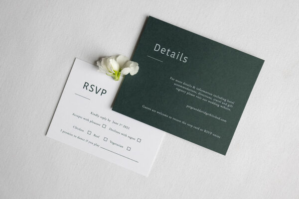 Swiftly Scripted - Wedding Invitation and Stationery Designer in Southern Ontario - Brittany Groux - Captured by Kirsten - details card with RSVP white ink printing
