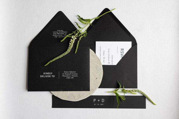 Swiftly Scripted - Wedding Invitation and Stationery Designer in Southern Ontario - Brittany Groux - Captured by Kirsten - Emerald Isle wedding invitation suite black invitation with white ink