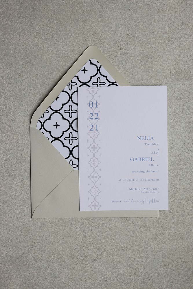 Swiftly Scripted - Wedding Invitation and Stationery Designer in Southern Ontario - Brittany Groux - Captured by Kirsten - overhead shot of invitation, envelope, and graphic envelope liner