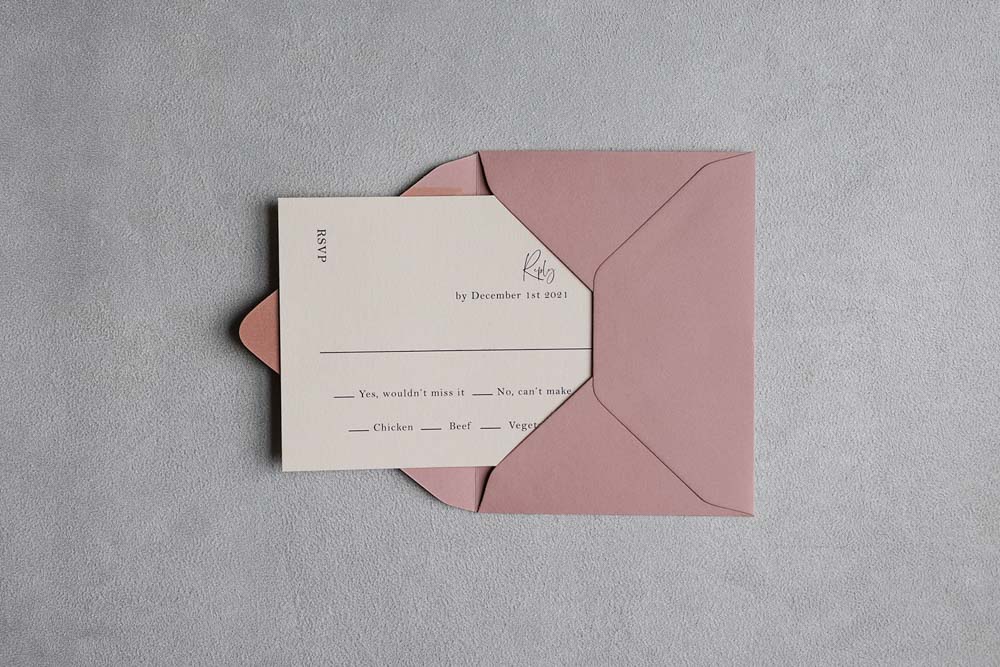 Swiftly Scripted - Wedding Invitation and Stationery Designer in Southern Ontario - Brittany Groux - Captured by Kirsten - RSVP in pink envelope on grey stone background