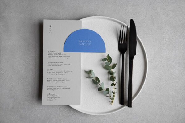 Swiftly Scripted - Wedding Invitation and Stationery Designer in Southern Ontario - Brittany Groux - Captured by Kirsten - white ink printed rounded place card with menu